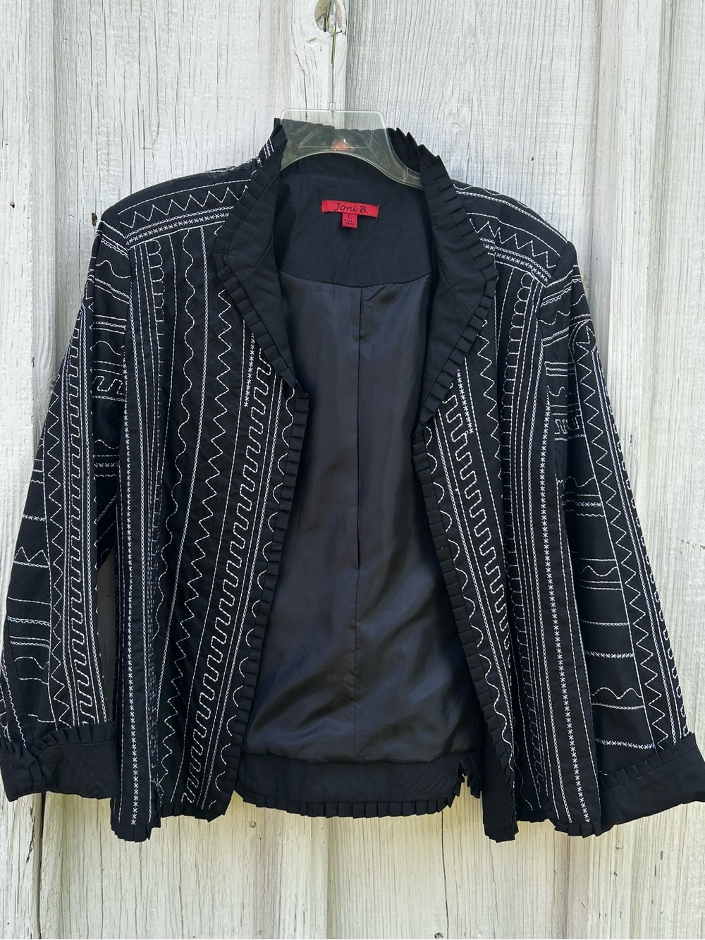 Joni B Black White Embroidered Ruffle Trim Open Front Blazer Jacket L